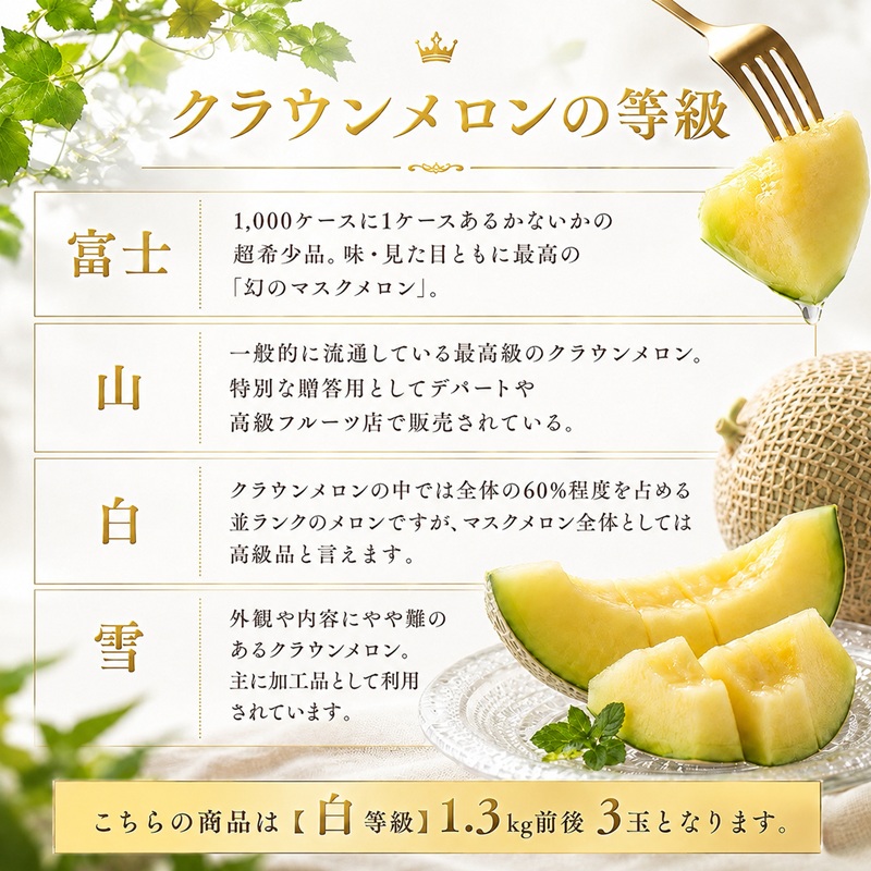 クラウンメロン【並（白等級）】中玉（1.3kg前後）3玉入り 