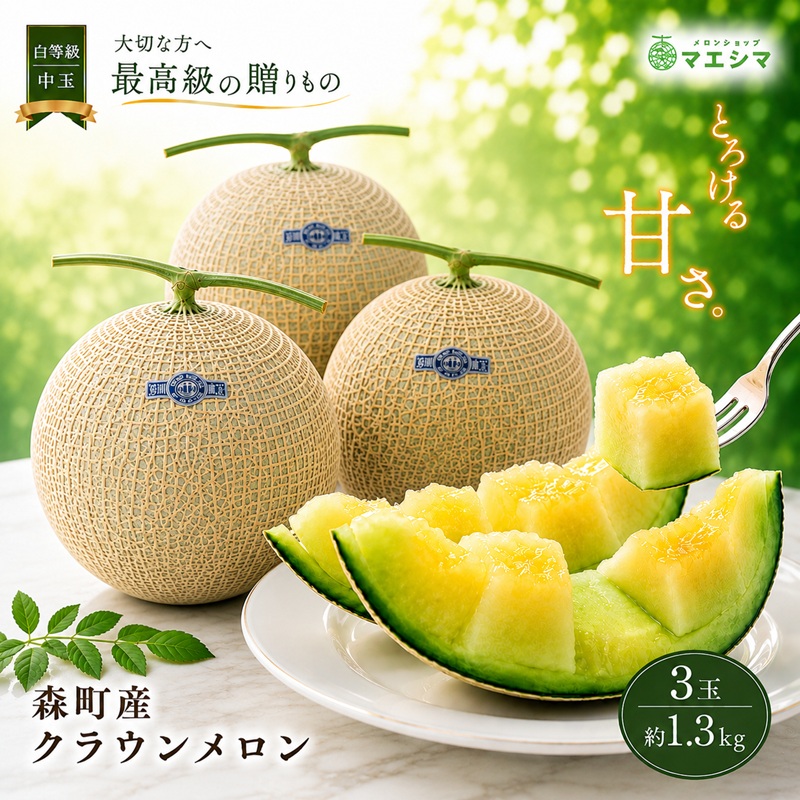 クラウンメロン【並（白等級）】中玉（1.3kg前後）3玉入り 