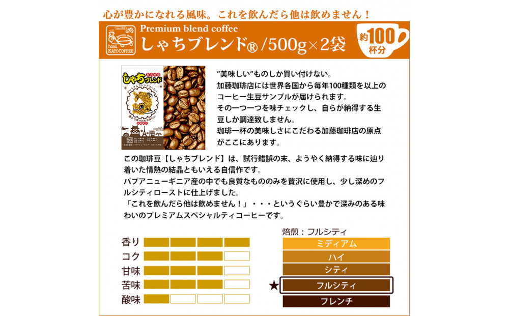 しゃちブレンド1kgセット　粉（中挽き）（500ｇ×2袋） | 焙煎 香り豊か ブレンドコーヒー 中挽き 深煎り 中煎り カフェ コーヒーギフト プレゼント 人気 おすすめ 送料無料