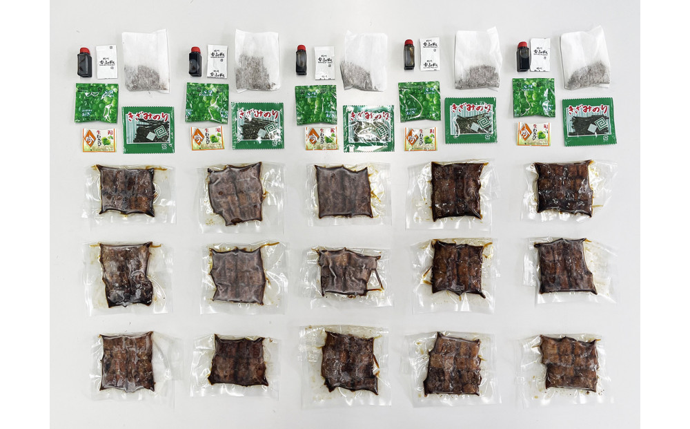 【全４回定期便】　国産うなぎひつまぶし　五食分　ねぎ・わさび・のり・お出汁・たれ・山椒　【炭火・職人手焼き】和食竜むら