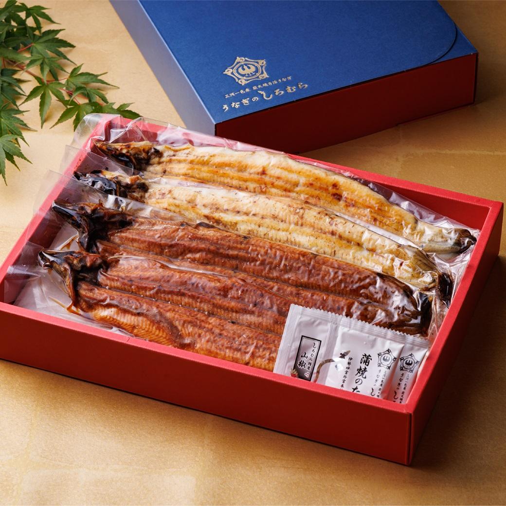 三河一色産手焼き炭火焼き活うなぎ蒲焼き・白焼き紅白セット各2尾