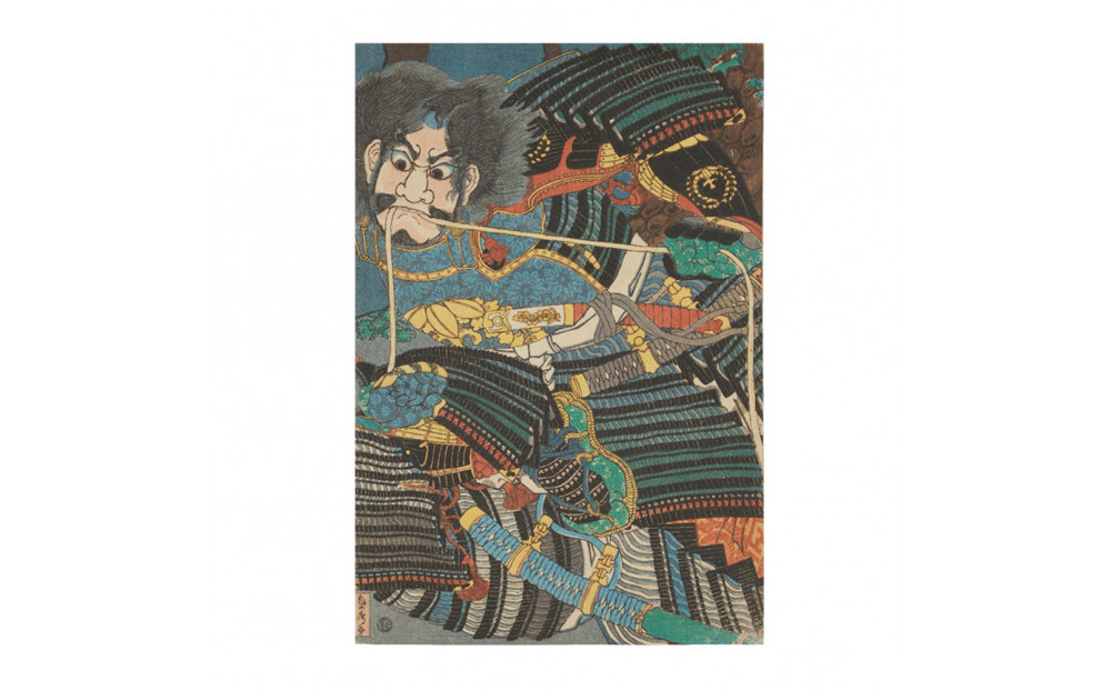 オリジナル【レプリカ浮世絵（3枚絵）歌川貞秀作「太平記尼ヶ崎合戦 加藤清正勇猛四方手左司馬組討」】／名古屋刀剣博物館