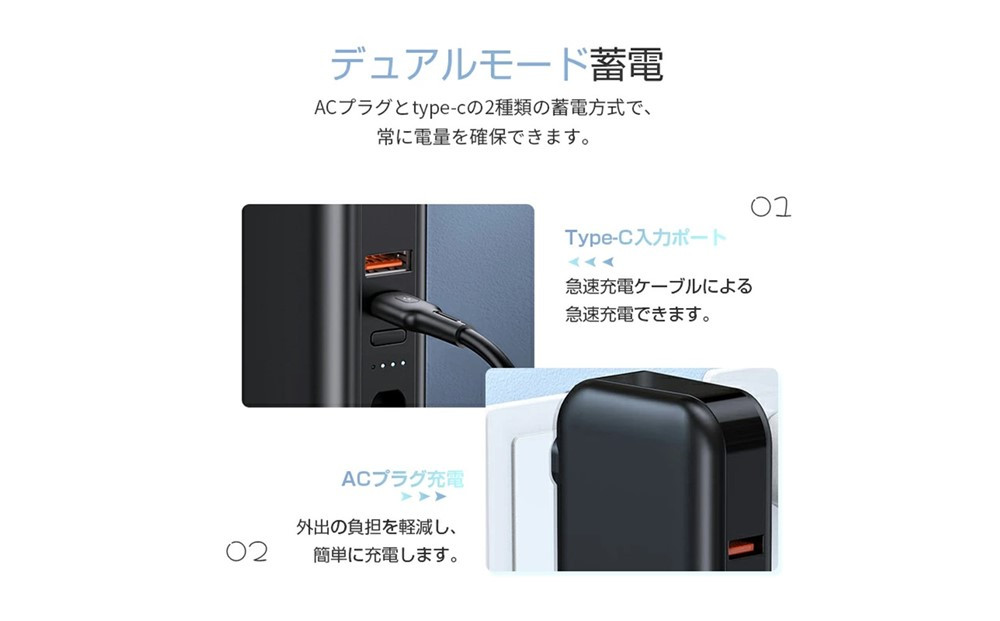 【ブラック】モバイルバッテリー ACアダプター 15000mAh 55.5Wh 防災電源 コンセント一体型 Type-C出入力ポート+USB出力ポート+3本ケーブル内蔵 5台同時充電 PD20W 折りたたみ式プラグ iPhone/iPad/Android各機種対応 90日安心保証付き PSE認証済