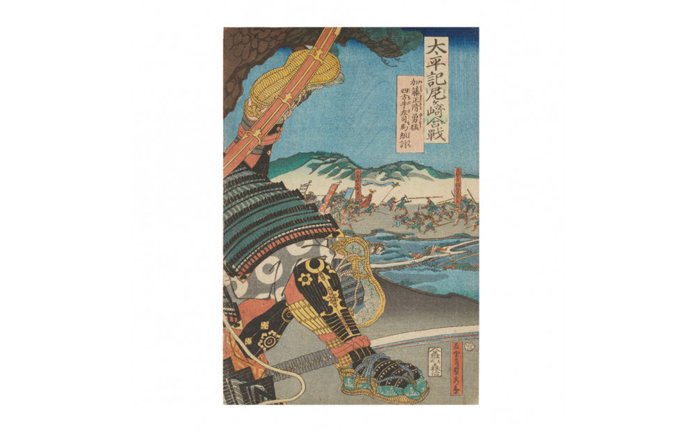 オリジナル【レプリカ浮世絵（3枚絵）歌川貞秀作「太平記尼ヶ崎合戦 加藤清正勇猛四方手左司馬組討」】／名古屋刀剣博物館