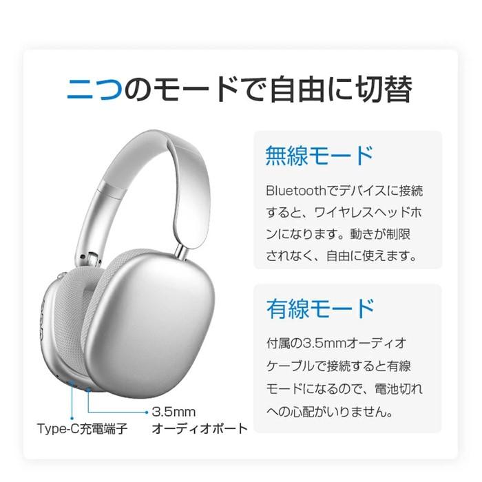 ワイヤレスヘッドホン＜シルバー＞イヤホン ヘッドセット Bluetooth5.4 超低遅延 wireless マイク内蔵 自動ペアリング ノイズキャンセリング クリア通話 オーディオケーブル付き