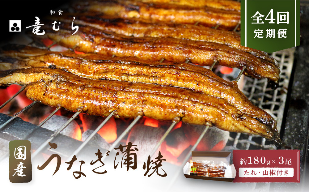 【全４回定期便】　国産うなぎ蒲焼　約180g×3尾・たれ・山椒　【炭火・職人手焼き「和食竜むら」】