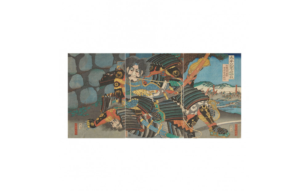 オリジナル【レプリカ浮世絵（3枚絵）歌川貞秀作「太平記尼ヶ崎合戦 加藤清正勇猛四方手左司馬組討」】／名古屋刀剣博物館