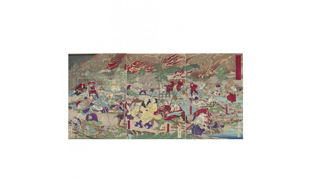 オリジナル【レプリカ浮世絵（3枚絵）河鍋暁斎作「明治元戊辰年五月十五日 東台戦争落去之図」】／名古屋刀剣博物館