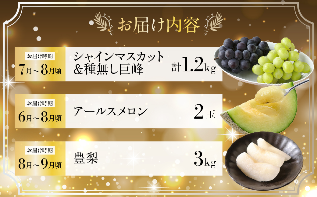 一流青果店厳選！フルーツ定期便 3回（梨・ぶどう・メロン）