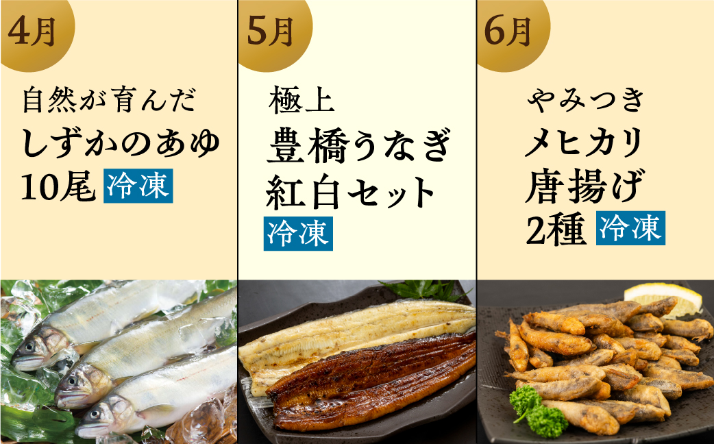【海鮮コース】穂の国の恵み どうまい 定期便 全12回 Bコース 海鮮 ( 餃子 むき えび うなぎ おでん 鴨鍋 かも鍋 鮎 うなぎ メヒカリ ふぐ フグ メロン ジェラート フローズンヨーグルト ) ご当地 人気 名産品 頒布会 豊橋