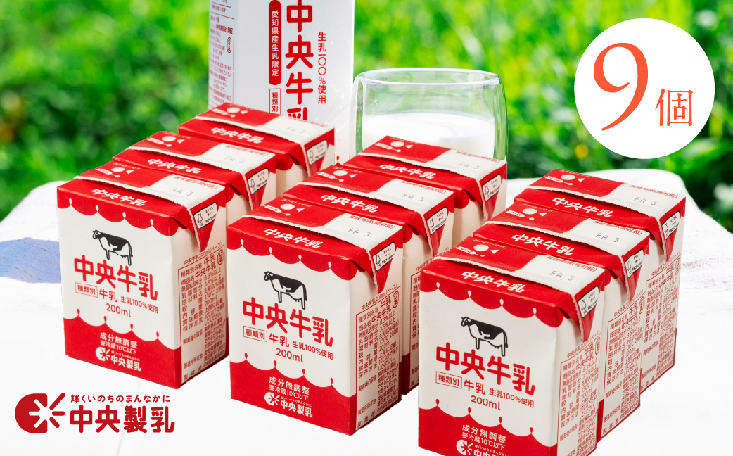 中央製乳 中央牛乳200ml 9本セット 牛乳 ミルク 成分無調整 牛乳 新鮮 生乳100%使用 愛知産生乳限定 飲みきりサイズ 愛知県 豊橋市
