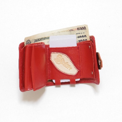 3つ折り財布 革のパッチワーク お札も小銭も入る「コロンとした小さなお財布」赤色