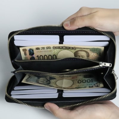 京都レザー ラウンドファスナー長財布【紫色:藤】計1個　革工房 革紋　