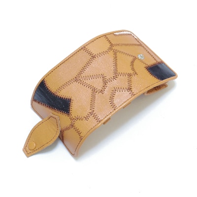 3つ折り財布 革のパッチワーク お札も小銭も入る「コロンとした小さなお財布」茶色