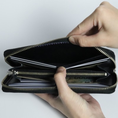 京都レザー ラウンドファスナー長財布【銀色:粋】　革工房 革紋