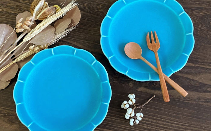 【瀬戸焼】トルコブルー花型皿 2枚セット【株式会社まるたか水野コーポレーション】 / 皿 食器  ギフト プレゼント / 瀬戸市 [BBBF020]