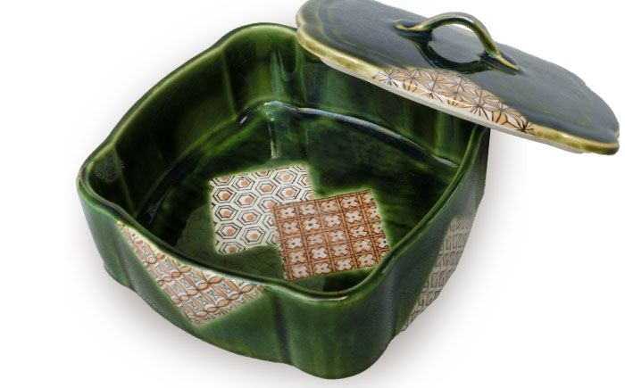 【瀬戸焼】　織部小紋四方蓋物【山長陶苑】 / 焼き物 やきもの 陶器 入れ物 蓋物 [BBBH026]