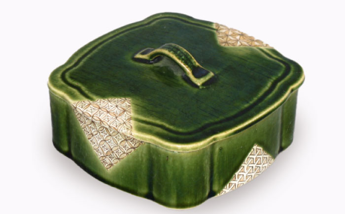 【瀬戸焼】　織部小紋四方蓋物【山長陶苑】 / 焼き物 やきもの 陶器 入れ物 蓋物 [BBBH026]