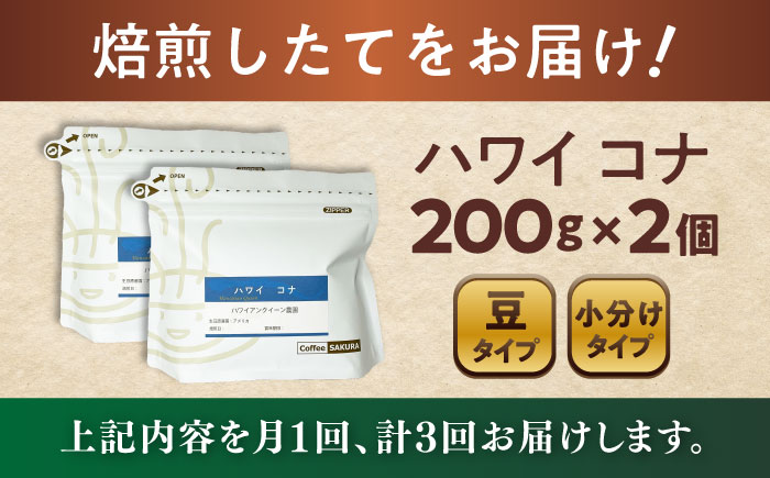 【全3回定期便】ハワイ・コナ コーヒー豆 200g×2個 (豆) / 珈琲 コーヒー 豆 / 瀬戸市 / Ｃｏｆｆｅｅ　ＳＡＫＵＲＡ [BBAB027] 豆