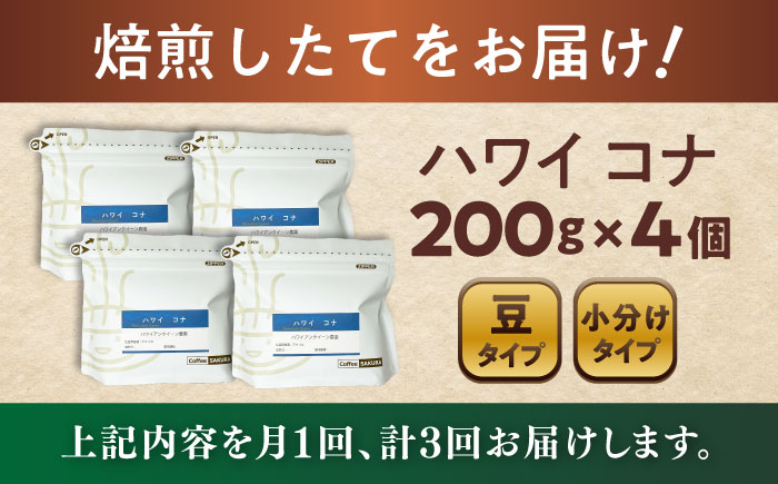【全3回定期便】ハワイ・コナ コーヒー豆 200g×4個 (豆) / 珈琲 コーヒー 豆 / 瀬戸市 / Ｃｏｆｆｅｅ　ＳＡＫＵＲＡ [BBAB063] 豆