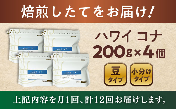 【全12回定期便】ハワイ・コナ コーヒー豆 200g×4個 (豆) / 珈琲 コーヒー 豆 / 瀬戸市 / Ｃｏｆｆｅｅ　ＳＡＫＵＲＡ [BBAB065] 豆