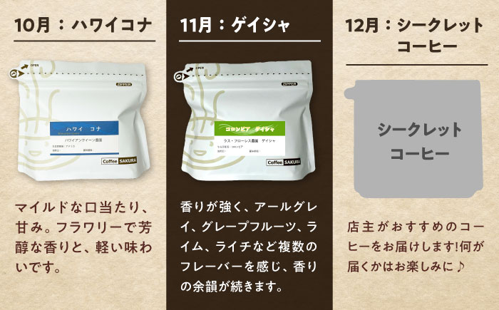【全12回定期便】世界を旅するコーヒー(豆) / 珈琲 コーヒー / 瀬戸市 / Ｃｏｆｆｅｅ　ＳＡＫＵＲＡ [BBAB150] 豆