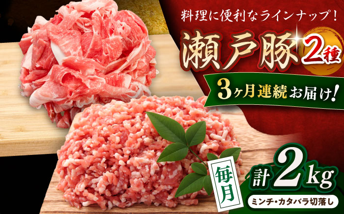 【全3回定期便】瀬戸豚2種セット(ミンチ＋カタバラ切落し)  計2kg / 豚肉 小分け ミンチ 切り落とし / 瀬戸市 / 関屋精肉店 [BBBQ189]