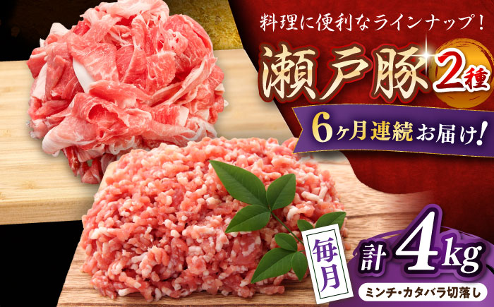【全6回定期便】瀬戸豚2種セット(ミンチ＋カタバラ切落し) 計4kg / 豚肉 小分け ミンチ 切り落とし / 瀬戸市 / 関屋精肉店 [BBBQ193]