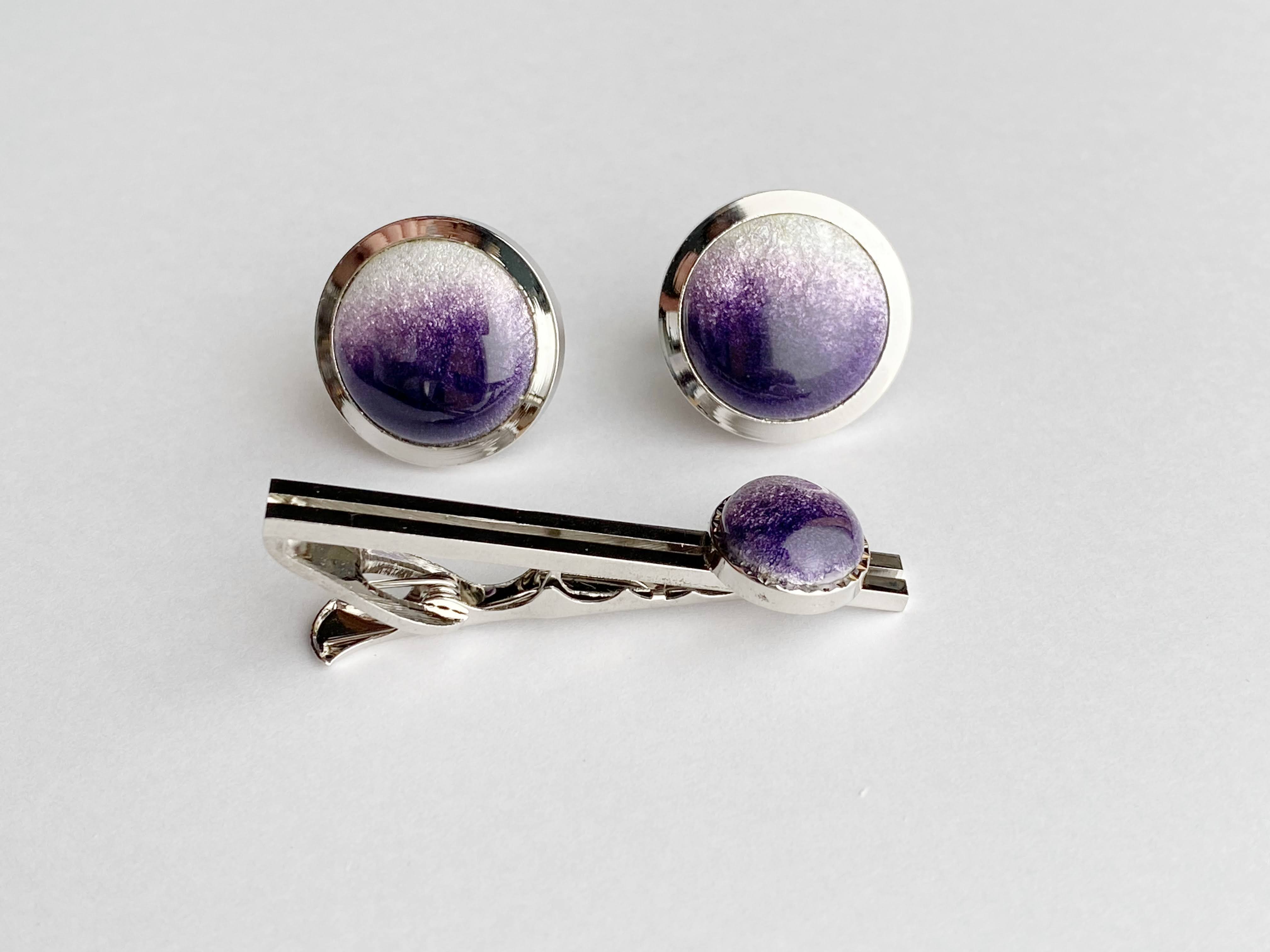 藤色の七宝焼ネクタイピン(丸)＆カフスセット
