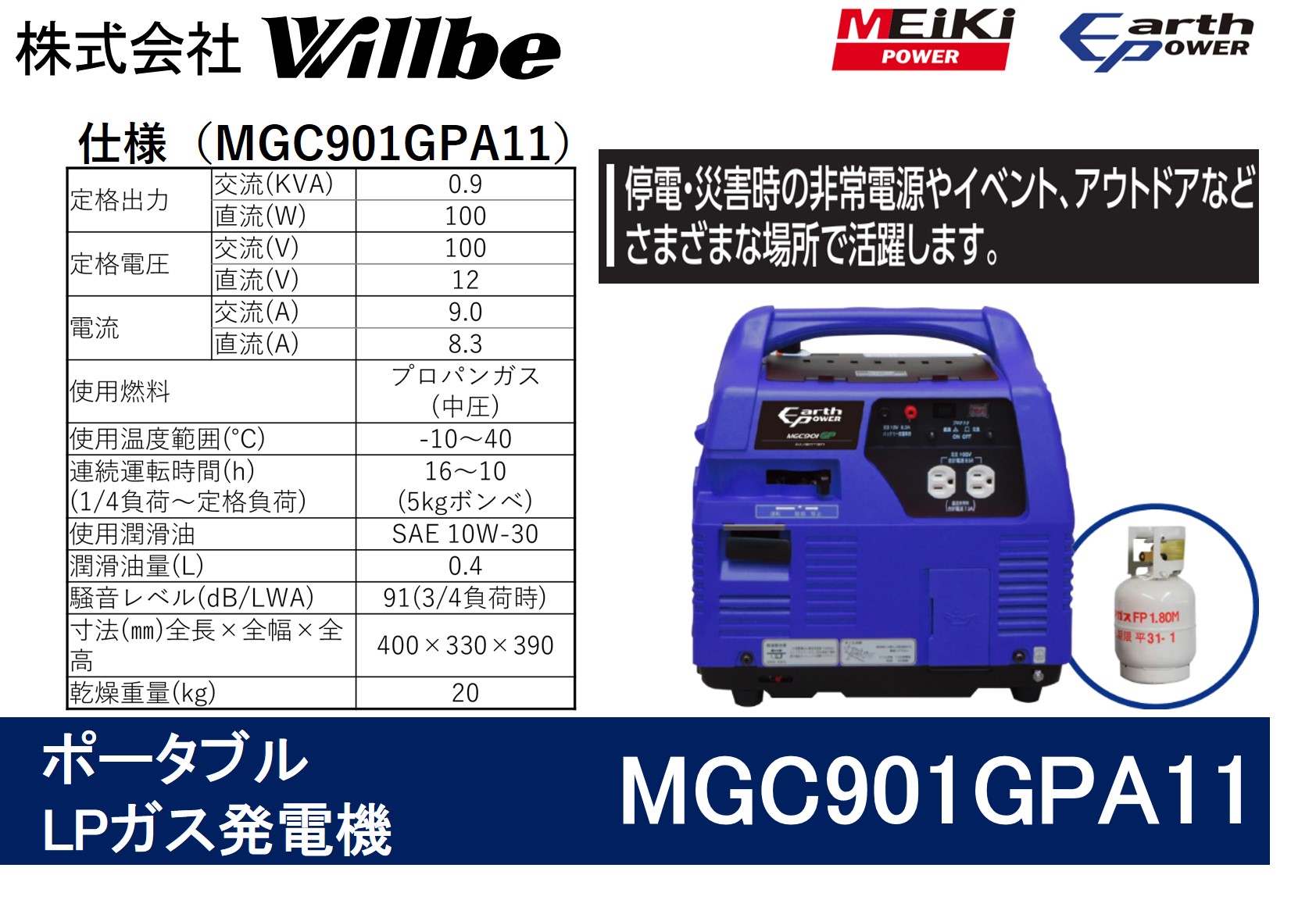 ポータブルガス発電機 MGC901GPA11 LPガス燃料