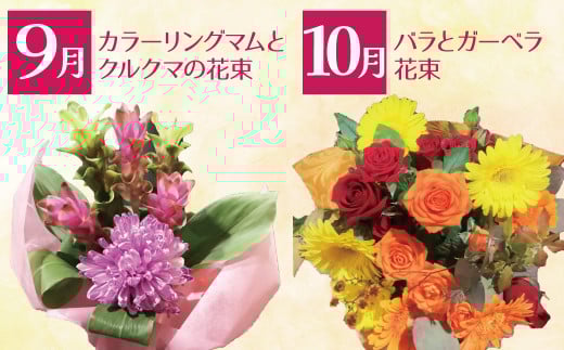 【全４回】季節感じる生花の定期便 (9月～12月に毎月お届け) 花 クリスマス お正月 リース クルクマ バラ 薔薇 ガーベラ マム 菊 H092-068