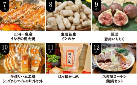 定期便 12回 厳選 肉 魚 野菜 フルーツ すべて 詰まった 旬 全12回 12ヶ月 いちご いちじく カレー トマト うなぎ しらす ベーグル 甘栗 ナッツ 生落花生 米 ハム 鶏 鍋セット お届け グルメ お取り寄せ お取り寄せグルメ 愛知県 碧南市 送料無料　H028-078