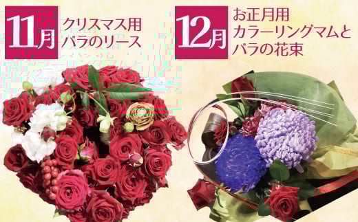 【全４回】季節感じる生花の定期便 (9月～12月に毎月お届け) 花 クリスマス お正月 リース クルクマ バラ 薔薇 ガーベラ マム 菊 H092-068