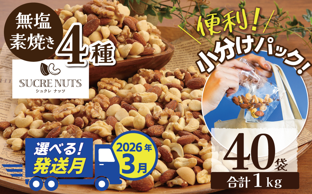 【2026年3月発送】 無塩の素焼きミックスナッツ　小分け40袋(計1㎏) アーモンド カシューナッツ くるみ 直火焙煎 栄養豊富 おつまみ おやつ 大満足 美容 健康 人気 高リピート ナッツ H059-145_Mar