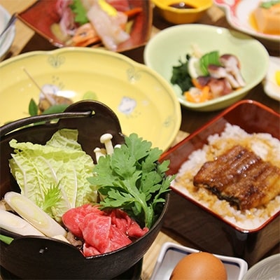 南吉先生の会席:すき焼きの小鍋 ミニうな重を含めた全8品の会席料理ペアチケット