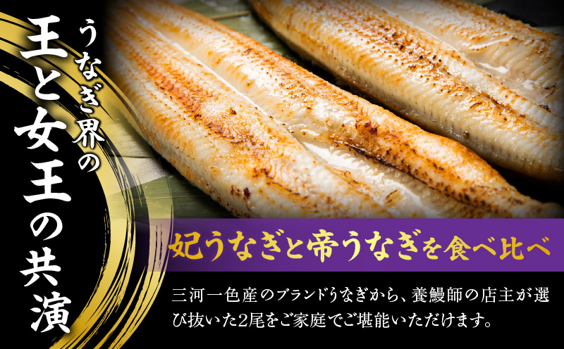 焼鰻めおと鰻セット：焼鰻特選メス妃うなぎ特大１尾と焼鰻特選オス帝うなぎ大1尾　計310g・Y100