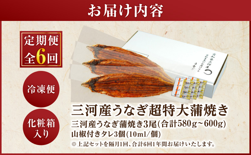 【定期便】三河産うなぎ「超特大蒲焼き3尾(合計580～600g)」×6回(隔月1回 1年間)・A192-156