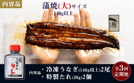 【定期便】三河一色産うなぎ蒲焼大2尾(280g以上)×3回・R012