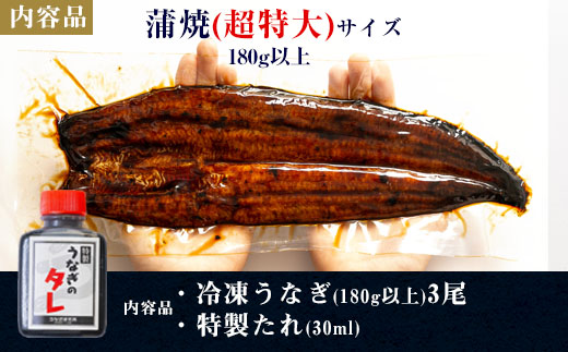 三河一色産うなぎ蒲焼超特大3尾(計540g以上)・R047