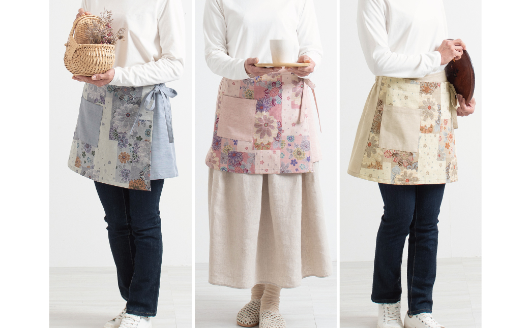 【日本製】 三河木綿 春色 和柄 カフェエプロン_ベージュ【G0537】 ベージュ