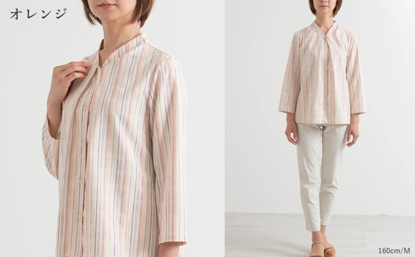 【日本製】 新織 三河木綿 ブラウス_M／オレンジ【G0544】 オレンジ M