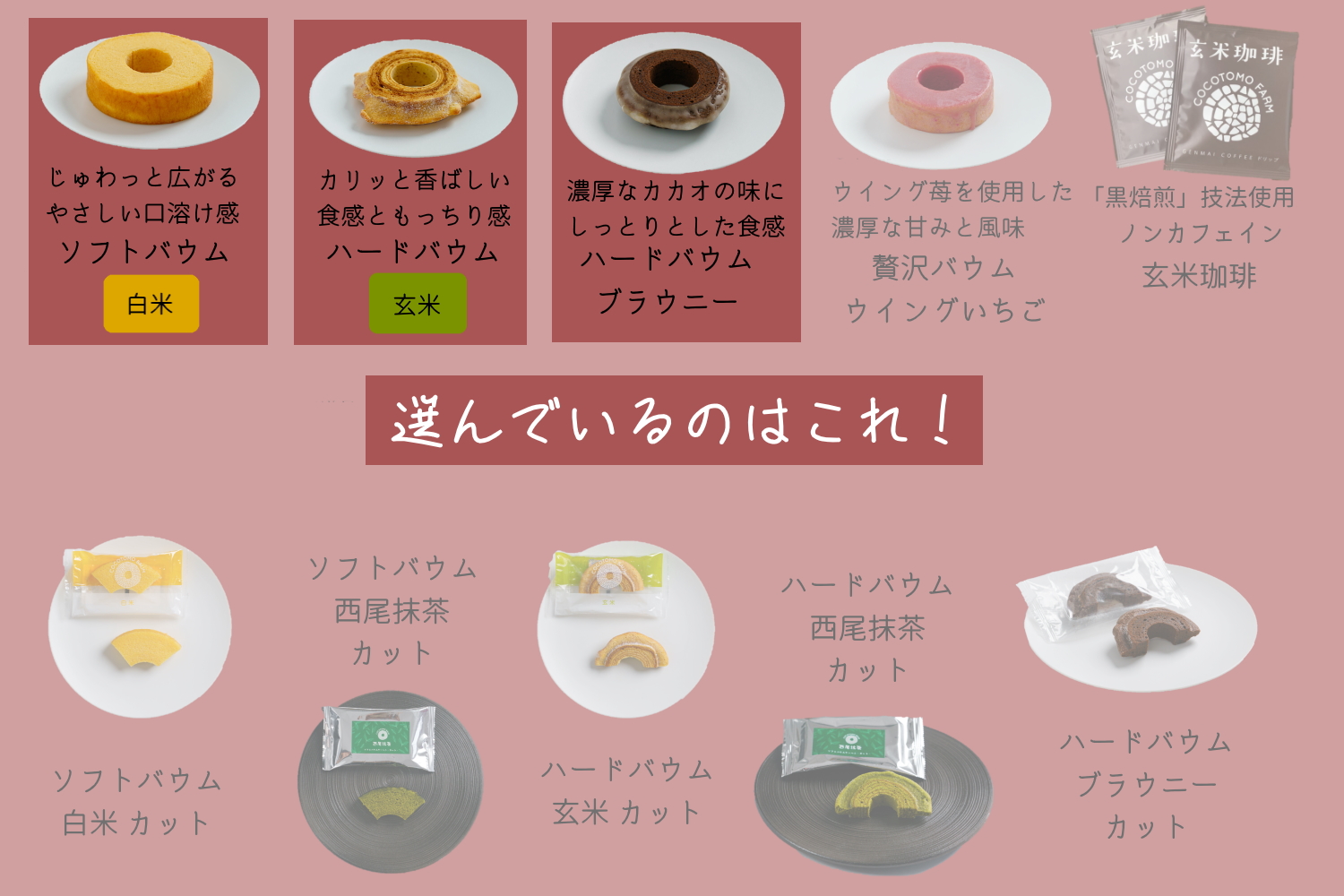 自家製生米粉100%のしっとりバウムクーヘンが人気　ココトモBOX　CA-01｜バウムクーヘン お米 米粉 ソフト 玄米 白米 ブラウニー セット 詰め合わせ スイーツ デザート ココトモ プチギフトバームクーヘン ヘルシー グルテンフリー愛知 尾張