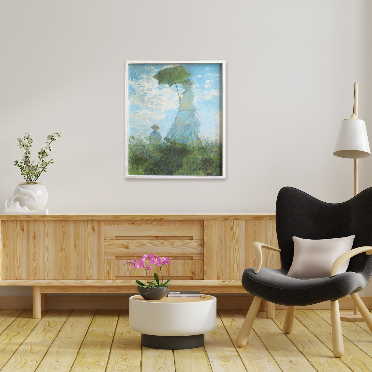 クロード・モネ「散歩、日傘をさす女」木製フレーム｜絵画 インテリア アート 葛飾北斎 富嶽三十六景 神奈川県沖 壁掛け スタンド フィルム 光に透けるアート 複製画 MOSHA-PRO MOSHA-COLLE