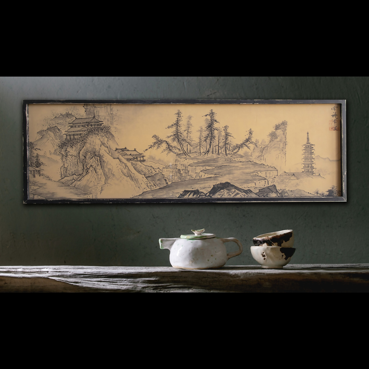 雪舟「山水長巻図　初秋の図」 木製フレーム｜絵画 インテリア アート 葛飾北斎 富嶽三十六景 神奈川県沖 壁掛け スタンド フィルム 光に透けるアート 複製画 MOSHA-PRO MOSHA-COLLE