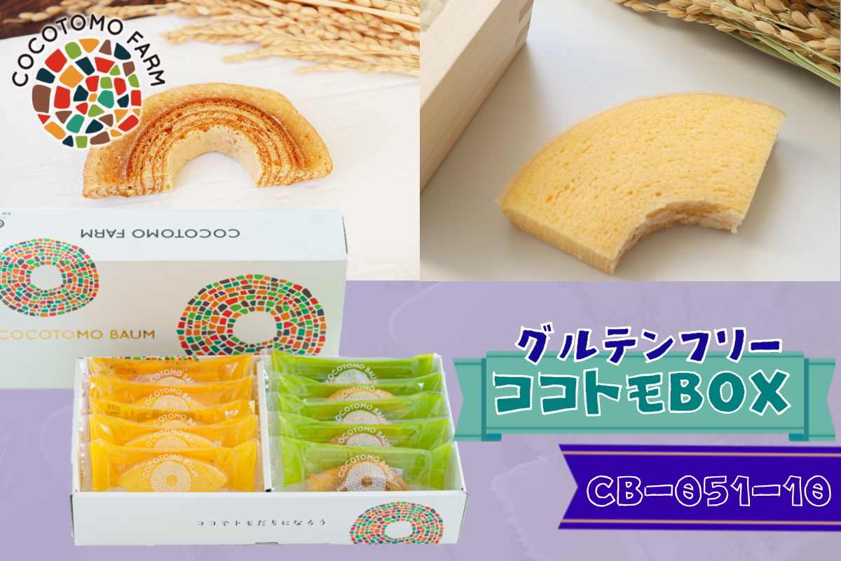 自家製生米粉100%のしっとりバウムクーヘンが人気　ココトモBOX　CB-051-10｜バウムクーヘン お米 米粉 ソフト 白米 玄米 セット 詰め合わせ スイーツ デザート ココトモ プチギフトバームクーヘン ヘルシー グルテンフリー愛知 尾張