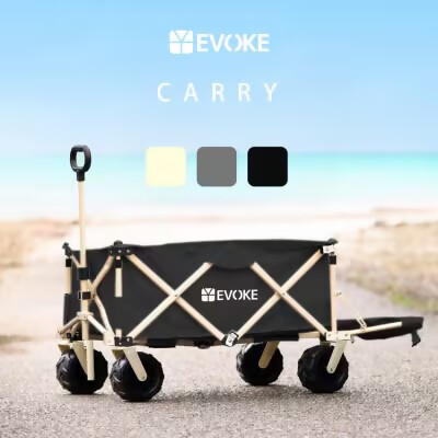 【EVOKE/イヴォーグ公式】 CARRY キャリー アウトドアワゴン（ブラック）｜ アウトドアワゴン キャリーカート キャリーワゴン 折りたたみ アウトドア キャンプ レジャー キャリー カート タイヤ 収納 持ち運び コンパクト ワゴン ワイドタイヤ 4輪 耐荷重120kg 台車 大容量 愛知県 岐阜県 名古屋 acct EVOKE