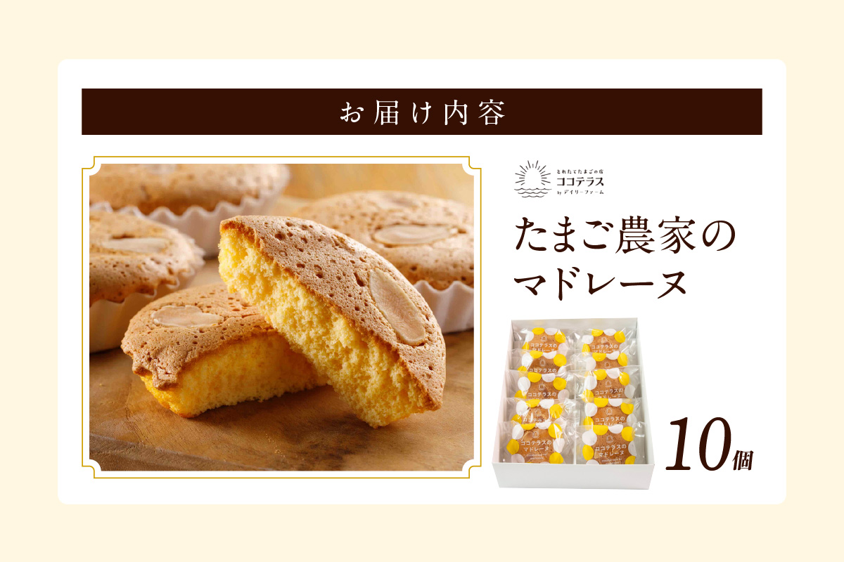 たまご農家 マドレーヌ（10個）ふるさと納税 ふんわり食感 マドレーヌ ココテラス 洋菓子 デイリーファーム デザート スイーツ 人気 たまごとバター こだわりスイーツ ティータイム アフターヌーンティー ギフト 人気 焼き菓子 手土産