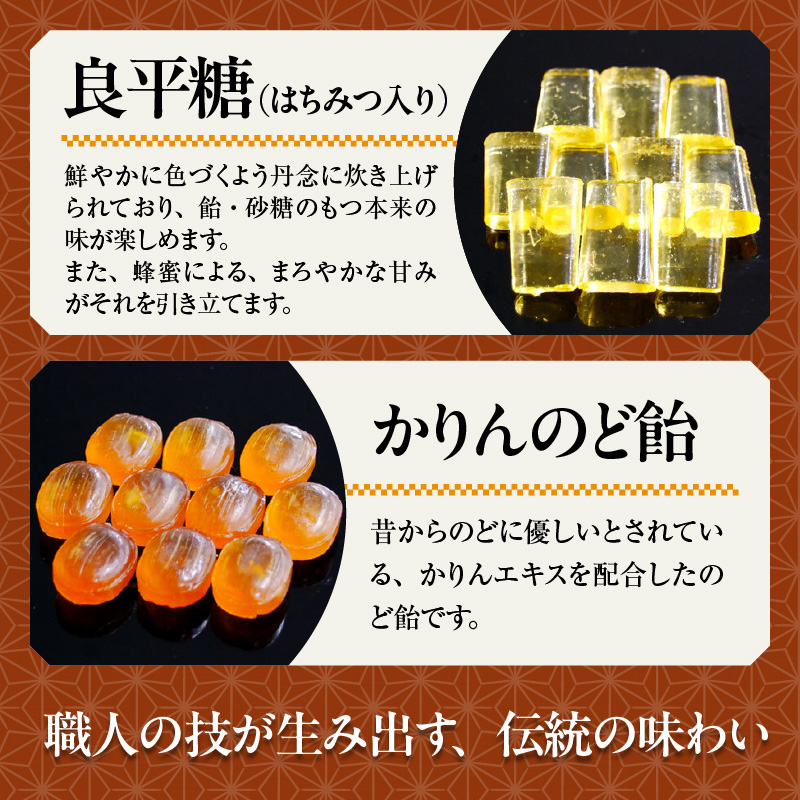 田村屋製菓の良平の飴　人気の４種詰め合わせ（げんこつあめ（双付）、げんこつあめ（きなこ）、良平糖、かりんのど飴）