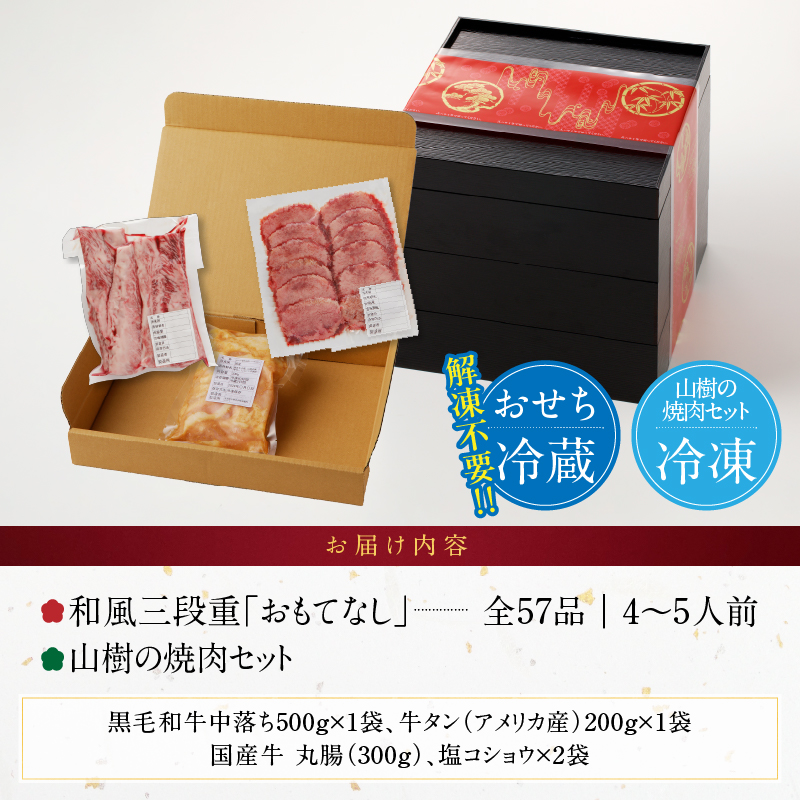 山樹の焼肉セット と 千賀屋謹製 迎春おせち料理 和風三段重「おもてなし」セット 山樹 焼肉 セット 千賀屋 謹製 迎春 おせち 料理 和風 三段重 おもてなし 4人前 5人前 迎春セット 冷蔵おせち 牛タン ホルモン 黒毛和牛 カルビ 年末 年始 お取り寄せ 愛知県 小牧市 送料無料