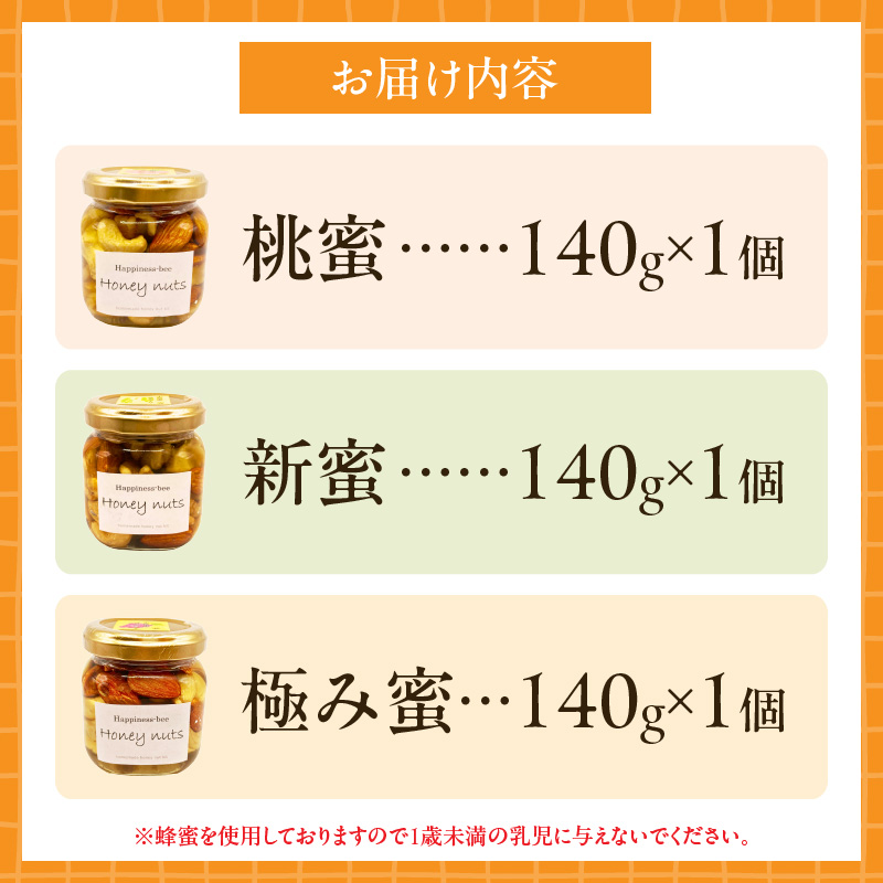 ＜非加熱＞桃蜜・新蜜・極み食べ比べハニーナッツ（140g×3個）